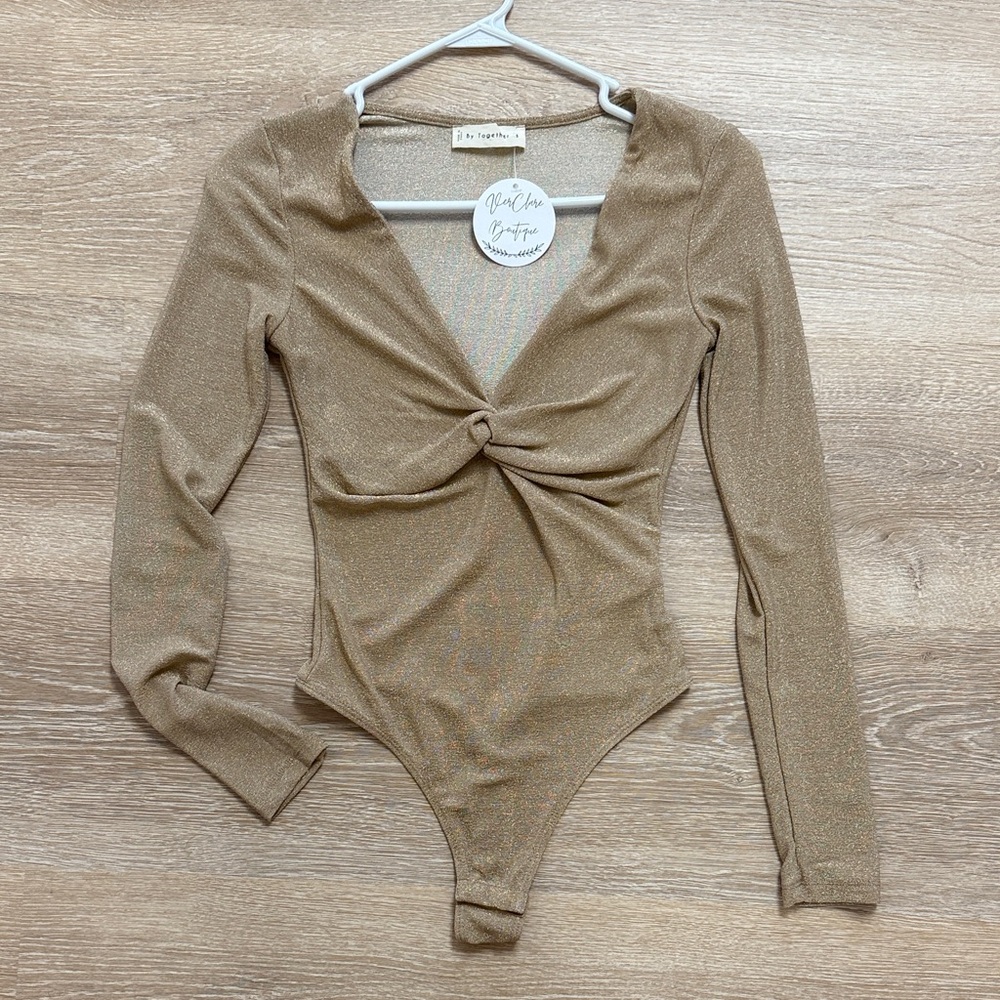 NWT! Tan/Gold Shimmer Body Suit Long Sleeve